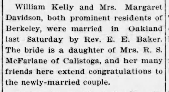 Robina's daughter Margaret McFarlane Davidson marries Wilm Kelly